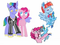 Size: 1337x1001 | Tagged: safe, artist:partyponypower, derpibooru import, bow hothoof, pinkie pie, rainbow dash, windy whistles, earth pony, pegasus, pony, alternate hairstyle, alternate universe, aunt and nephew, blue coat, blue eyes, carrying, clothes, colored eyebrows, colored pinnae, colored sketch, colt, empty eyes, female, filly, filly rainbow dash, foal, frown, g4, group, height difference, hug, image, jpeg, lidded eyes, looking at each other, looking at someone, male, mare, missing cutie mark, multicolored hair, multicolored mane, multicolored tail, no catchlights, one wing out, open mouth, open smile, pink eyes, quartet, rainbow hair, rainbow tail, referee, short mane, short tail, simple background, sketch, smiling, smiling at each other, spread wings, stallion, tail, two toned mane, wall of tags, white background, winghug, wings, yellow eyes, younger