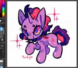 Size: 955x828 | Tagged: safe, artist:yuch42023, derpibooru import, twilight sparkle, pony, unicorn, alternate eye color, alternate hairstyle, big ears, big eyes, chibi, colored eyebrows, colored pinnae, colored pupils, female, g4, horn, image, jpeg, mare, medibang paint, multicolored eyes, multicolored mane, multicolored tail, obtrusive watermark, pink text, raised eyebrows, raised hoof, shiny coat, short mane, short mane twilight sparkle, smiling, solo, sparkles, sparkly mane, sparkly tail, standing, tail, text, toy interpretation, unicorn horn, unicorn twilight, watermark
