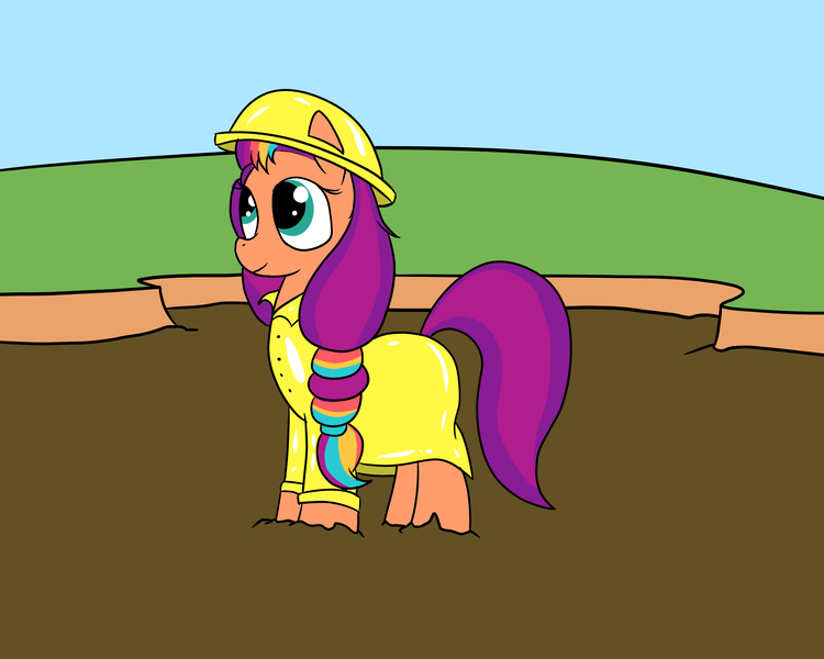Size: 2000x1600 | Tagged: safe, artist:amateur-draw, derpibooru import, sunny starscout, earth pony, pony, g5, female, hat, image, mare, png, pvc, raincoat, simple background, solo, solo female, standing, wet and messy