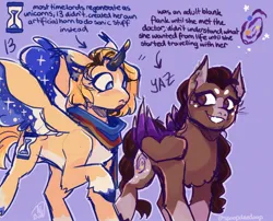 Size: 2008x1620 | Tagged: safe, artist:spoopdeedoop, derpibooru import, ponified, alicorn, pegasus, pony, beanbrows, blaze (coat marking), blonde mane, blonde tail, blue eyes, blue text, blushing, bobcut, braid, braided tail, brown coat, brown eyes, brown mane, brown tail, chest fluff, clothes, coat markings, colored belly, colored eartips, colored eyebrows, colored hooves, colored muzzle, colored pinnae, colored wings, colored wingtips, concave belly, doctor who, duo, duo female, dyed mane, ear piercing, ear tufts, earring, eyebrows, eyelashes, facial markings, female, floppy ears, folded wings, freckles, height difference, image, jewelry, jpeg, leg fluff, lesbian, looking at someone, mare, multicolored wings, non-mlp shipping, open mouth, pale belly, physique difference, piercing, purple text, raised hoof, raised leg, scarf, short hair, short mane, short tail, signature, smiling, socks (coat marking), spread wings, standing, star (coat marking), starry eyes, starry wings, tail, tall ears, text, thirteenth doctor, tied mane, tied tail, two toned eyes, two toned mane, two toned wings, unshorn fetlocks, wall of tags, wide eyes, wingding eyes, wings, yasmin khan, yellow coat