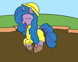 Size: 2000x1600 | Tagged: safe, artist:amateur-draw, derpibooru import, izzy moonbow, pony, unicorn, g5, female, hat, horn, image, jumping, mare, mud, playful, playing, png, pvc, raincoat, solo, solo female, wet and messy