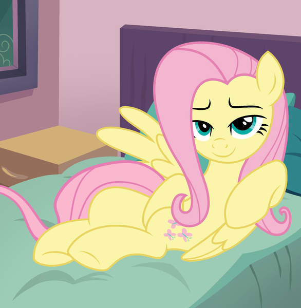 Size: 2352x2410 | Tagged: safe, artist:shieldwingarmorofgod, derpibooru import, fluttershy, pegasus, bed, bedroom eyes, female, g4, image, png, sexy, smiling, solo, stupid sexy fluttershy