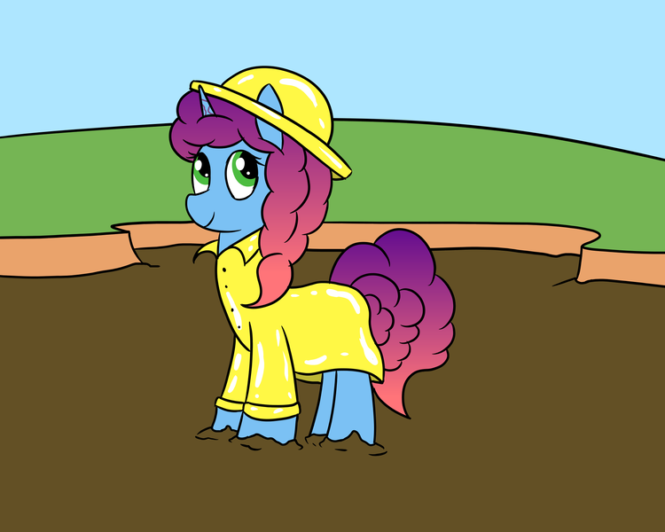 Size: 2000x1600 | Tagged: safe, artist:amateur-draw, derpibooru import, pony, unicorn, g5, covered in mud, female, hat, horn, image, mare, misty brightdawn, mud, png, pvc, raincoat, solo, solo female, wet and messy