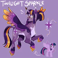 Size: 2048x2048 | Tagged: safe, artist:spoopdeedoop, derpibooru import, part of a set, twilight sparkle, twilight sparkle (alicorn), alicorn, pony, alternate color palette, alternate cutie mark, alternate design, alternate eye color, alternate hairstyle, alternate tailstyle, blushing, chest fluff, cloven hooves, coat markings, colored belly, colored eartips, colored fetlocks, colored hooves, colored horn, colored muzzle, colored pinnae, colored wings, colored wingtips, concave belly, ear fluff, eyelashes, facial markings, female, flying, freckles, frown, g4, glasses, gold hooves, hair accessory, high res, hooves, horn, horn cap, horn jewelry, image, jewelry, jpeg, leg fluff, leonine tail, long mane, long tail, looking away, mare, multicolored mane, multicolored tail, multicolored wings, outline, pale belly, ponytail, purple background, purple coat, raised hoof, redesign, round glasses, shiny hooves, shiny mane, shiny tail, signature, simple background, socks (coat marking), solo, spread wings, star (coat marking), starry wings, tail, tall ears, text, tied mane, turned head, twitterina design, two toned eyes, unicorn horn, unshorn fetlocks, wall of tags, wing fluff, wings