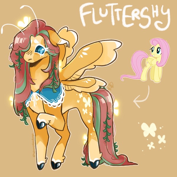 Size: 2048x2048 | Tagged: safe, artist:spoopdeedoop, derpibooru import, part of a set, fluttershy, butterfly, insect, original species, pegasus, pony, alternate color palette, alternate cutie mark, alternate design, alternate eye color, alternate hair color, alternate tail color, antennae, blaze (coat marking), blue eyes, blue sclera, brown background, cloven hooves, coat markings, colored belly, colored eartips, colored eyebrows, colored eyelashes, colored fetlocks, colored hooves, colored muzzle, colored pupils, colored sclera, colored wings, colored wingtips, concave belly, cutie mark eyes, ear tufts, eye clipping through hair, facial markings, female, fetlock tuft, floppy ears, four wings, g4, high res, image, jpeg, leaves in mane, leaves in tail, long legs, long mane, long neck, long tail, looking back, mare, multiple wings, no mouth, outline, pale belly, race swap, raised hoof, redesign, shawl, shiny hooves, shiny mane, shiny tail, signature, simple background, socks (coat marking), solo, spread wings, standing, straight mane, straight tail, tail, tallershy, text, thin legs, two toned wings, wall of tags, wingding eyes, wings, yellow coat