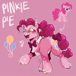 Size: 2048x2048 | Tagged: safe, artist:spoopdeedoop, derpibooru import, part of a set, pinkie pie, earth pony, pony, alternate accessories, alternate color palette, alternate design, alternate hairstyle, alternate tailstyle, beanbrows, blushing, bow, bucktooth, cheek fluff, chest fluff, coat markings, colored belly, colored eartips, colored eyebrows, colored fetlocks, colored hooves, colored muzzle, colored pinnae, curly mane, curly tail, cutie mark eyes, ear fluff, emanata, eyebrows, eyelashes, female, g4, heart tongue, heterochromia, high res, hooves, image, jpeg, mare, multicolored hooves, neck bow, open mouth, open smile, outline, pale belly, pink background, pink coat, ponytail, raised hoof, raised leg, redesign, shiny hooves, signature, simple background, smiling, socks (coat marking), solo, standing, tail, tail bow, tall ears, teeth, text, tied mane, tied tail, tongue out, unshorn fetlocks, wall of tags, wingding eyes
