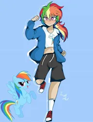 Size: 1182x1540 | Tagged: safe, artist:trash-art06, derpibooru import, rainbow dash, human, pegasus, pony, alternate hairstyle, belly button, clothes, converse, grin, hoodie, humanized, image, jpeg, midriff, ponytail, shirt, shoes, shorts, smiling, socks, solo, sports shorts, t-shirt