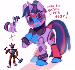 Size: 400x378 | Tagged: safe, artist:crees-a, derpibooru import, twilight sparkle, twilight sparkle (alicorn), ponified, alicorn, pony, robot, robot pony, unicorn, animatronic, bow, bowtie, combine, crossover, five nights at freddy's, five nights at freddy's: security breach, freddy fazbear, glam rock, half-life, hat, horn, image, jpeg, looking at you, pose, purple coat, purple mane, roboticization, rockstar, smiling, tail, tail bow, two toned mane, two toned tail, unshorn fetlocks, video game crossover