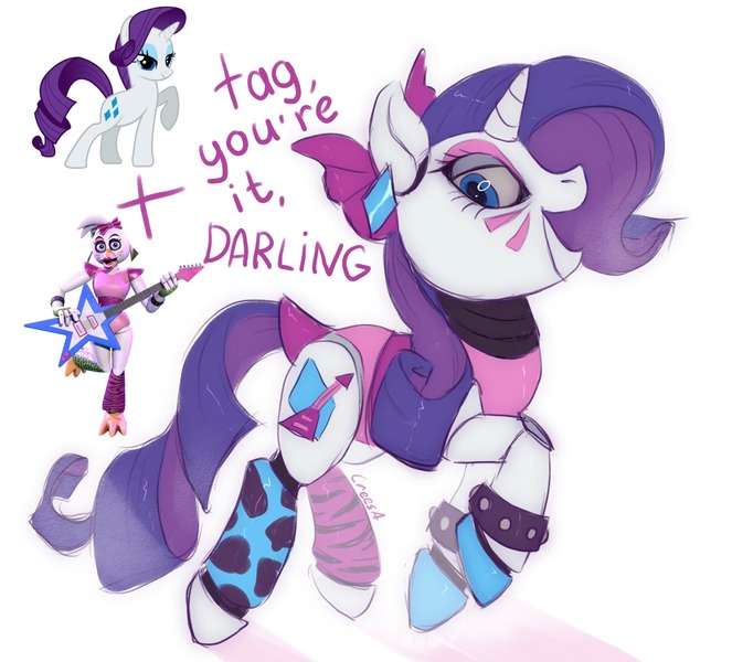 Size: 2048x1852 | Tagged: safe, artist:crees-a, derpibooru import, rarity, ponified, pony, robot, robot pony, unicorn, animatronic, bow, chica, combine, crossover, ear piercing, electric guitar, five nights at freddy's, five nights at freddy's: security breach, glam rock, glamrock chica, guitar, hair bow, half-life, horn, image, jpeg, looking at you, musical instrument, piercing, pose, purple mane, roboticization, rockstar, smiling, speech bubble, tail, tail bow, title card, two toned mane, unshorn fetlocks, video game crossover, white coat