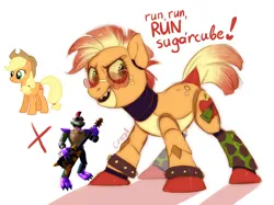 Size: 2048x1535 | Tagged: safe, artist:crees-a, derpibooru import, applejack, ponified, alligator, crocodile, pony, robot, robot pony, animatronic, applejack's hat, bow, bowtie, combine, cowboy hat, crossover, electric guitar, five nights at freddy's, five nights at freddy's: security breach, glam rock, guitar, half-life, hat, image, jpeg, looking at you, montgomery gator, musical instrument, pose, purple mane, roboticization, rockstar, smiling, speech bubble, tail, tail bow, title card, two toned mane, unshorn fetlocks, video game crossover, white coat