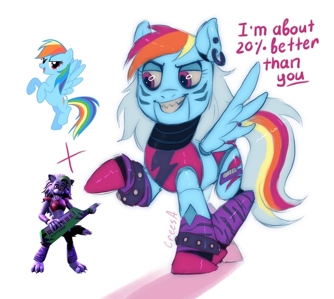 Size: 2048x1833 | Tagged: safe, artist:crees-a, derpibooru import, rainbow dash, ponified, pony, robot, robot pony, animatronic, blue coat, bow, bowtie, choker, combine, crossover, ear piercing, electric guitar, five nights at freddy's, five nights at freddy's: security breach, fluffy, glam rock, guitar, half-life, image, jpeg, looking at you, multicolored hair, multicolored tail, musical instrument, piercing, pose, purple mane, roboticization, rockstar, roxanne wolf, smiling, speech bubble, tail, tail bow, title card, unshorn fetlocks, video game crossover