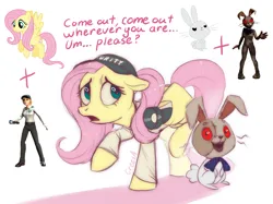 Size: 2048x1535 | Tagged: safe, artist:crees-a, derpibooru import, fluttershy, ponified, human, pegasus, pony, robot, robot pony, animal costume, animatronic, bow, bunny costume, clothes, combine, costume, creepy, crossover, cyan eyes, five nights at freddy's, five nights at freddy's: security breach, flashlight (object), half-life, hat, image, jpeg, looking at you, pink mane, red eyes, roboticization, rockstar, scared, smiling, spread wings, stars, sunrise, tail, tail bow, unshorn fetlocks, vanny, video game crossover, wings, wings down, yellow coat