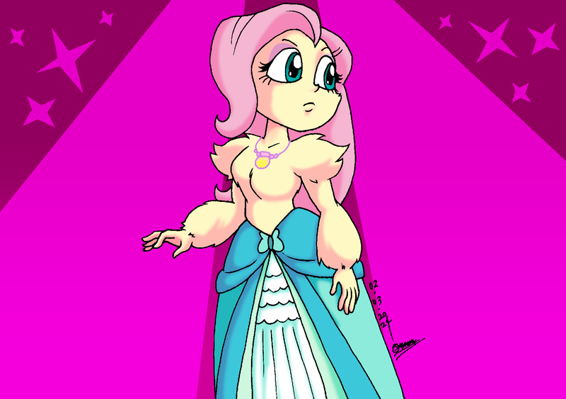 Size: 1646x1158 | Tagged: safe, artist:tmntsam, derpibooru import, fluttershy, human, equestria girls, alternate universe, chest fluff, clothes, dress, female, fur, furry human, g4, image, magenta background, nudity, partial nudity, png, solo, topless