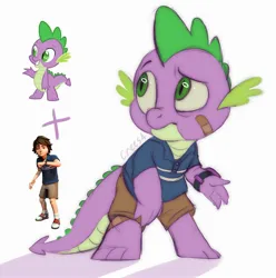 Size: 1983x2000 | Tagged: safe, artist:crees-a, derpibooru import, spike, dragon, human, bandage, child, clothes, combine, crossover, five nights at freddy's, five nights at freddy's: security breach, g4, half-life, image, jpeg, pants, pose, purple skin, shirt, signature, vector, video game crossover, watch, worried