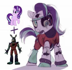 Size: 2048x1993 | Tagged: safe, artist:crees-a, derpibooru import, starlight glimmer, pony, robot, robot pony, unicorn, animatronic, bonnie (fnaf), broken, combine, creepy, crossover, female, five nights at freddy's, five nights at freddy's: security breach, g4, glam rock, half-life, horn, image, jpeg, looking at you, male, mare, messy mane, messy tail, missing horn, open mouth, purple coat, roboticization, ruined, signature, smiling, standing, tail, two toned mane, two toned tail, vector, withered
