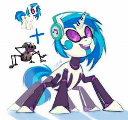 Size: 2048x1929 | Tagged: safe, artist:crees-a, derpibooru import, vinyl scratch, monster pony, original species, pony, robot, robot pony, spider, spiderpony, unicorn, animatronic, combine, crossover, eight legs, female, five nights at freddy's, five nights at freddy's: security breach, g4, giant pony, glasses, half-life, headphones, horn, image, jpeg, looking up, macro, male, mare, music man, music notes, musical instrument, piano, pose, roboticization, signature, smiling, tail, two toned mane, two toned tail, vector, white coat