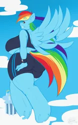Size: 1254x2000 | Tagged: suggestive, artist:sheela, rainbow dash, anthro, unguligrade anthro, big breasts, breasts, busty rainbow dash, butt, cloudsdale, commission, eyebrows visible through hair, fat, female, giant anthro, giantess, grin, huge breasts, huge butt, image, impossibly large butt, jpeg, large butt, looking back, macro, rainblob dash, rainbutt dash, smiling, smug, spread wings, tail, underhoof, wings