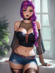 Size: 1024x1344 | Tagged: suggestive, ai content, derpibooru import, editor:sammykun, machine learning generated, stable diffusion, sunny starscout, human, g5, belly, belly button, black nail polish, braid, braided ponytail, braided tail, breasts, busty sunny starscout, choker, cleavage, clothes, corset, detached sleeves, emotionless, female, fishnet clothing, fit, generator:pony diffusion v6 xl, generator:purplesmart.ai, goth, gothic, humanized, image, indoors, jewelry, long hair, long sleeves, looking at you, midriff, outfit, pants, png, ponytail, prompter:sammykun, ripped pants, ripped stockings, scrunchie, see-through, shorts, shoulderless, shoulderless shirt, slender, socks, stockings, strapless, stupid sexy sunny starscout, tail, thigh highs, thin, torn clothes, window