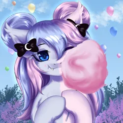 Size: 2000x2000 | Tagged: safe, artist:alunedoodle, derpibooru import, oc, oc:candi, bat pony, pony, balloon, bust, cotton candy, cute, eating, female, image, one eye closed, png, portrait, solo, two toned mane, wink
