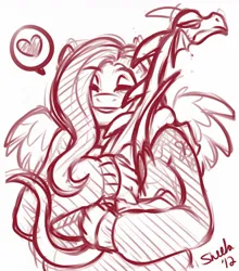 Size: 1124x1280 | Tagged: safe, artist:sheela, basil, fluttershy, anthro, dragon, pegasus, clothes, cute, eyes closed, grin, heart, hug, image, jpeg, monochrome, simple background, sketch, smiling, sweater, sweatershy, unamused, white background