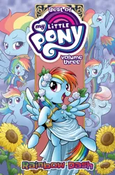 Size: 1400x2125 | Tagged: safe, derpibooru import, idw, official, rainbow dash, pegasus, pony, seapony (g4), series:best of my little pony, equestria girls, blank flank, comic cover, dashstorm, dorsal fin, eyes closed, female, filly, filly rainbow dash, fin, fin wings, fins, fish tail, flower, flowing mane, flowing tail, foal, folded wings, g4, high res, image, jpeg, mare, multeity, my little pony logo, official comic, older, older rainbow dash, open mouth, open smile, rainbow dash always dresses in style, scales, seaponified, seapony rainbow dash, smiling, species swap, spread wings, sunflower, swimming, tail, wings, younger