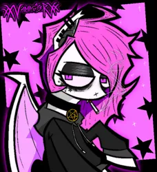 Size: 1216x1332 | Tagged: safe, artist:xxv4mp_g4z3rxx, derpibooru import, oc, unofficial characters only, bat pony, pony, bat pony oc, bat wings, choker, cigarette, clothes, coat markings, ear piercing, eyeliner, eyeshadow, fangs, hoodie, image, makeup, pentagram, piercing, pink background, pink eyes, pink mane, png, signature, simple background, slit pupils, smoking, solo, spread wings, stars, white coat, wings