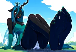 Size: 1216x832 | Tagged: suggestive, ai content, derpibooru import, machine learning generated, novelai, stable diffusion, queen chrysalis, anthro, changeling, changeling queen, blushing, city, clothes, crown, dress, feet, female, fetish, foot fetish, giantess, green eyes, image, jewelry, macro, mega changeling, mega giant, micro, panties, png, prompt in description, regalia, solo, solo female, sweat, underwear