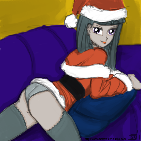Size: 1280x1280 | Tagged: suggestive, artist:johnjoseco, color edit, derpibooru import, edit, marble pie, human, ass, butt, christmas, clothes, colored, costume, female, g4, hat, holiday, humanized, image, panties, png, santa claus, santa hat, solo, solo female, underwear