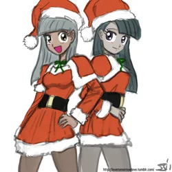 Size: 1280x1280 | Tagged: safe, artist:johnjoseco, derpibooru import, limestone pie, marble pie, human, christmas, clothes, duo, female, g4, hat, holiday, humanized, image, pantyhose, pie sisters, png, santa claus, santa hat, siblings, sisters