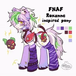 Size: 564x564 | Tagged: artist needed, safe, derpibooru import, ponified, pony, clothes, color palette, cutie mark, ear fluff, ear piercing, electricity, five nights at freddy's, five nights at freddy's: security breach, glam rock, image, jpeg, lightning, looking at you, piercing, rockstar, roxanne wolf, signature, simple background, skull, socks, striped socks, stripes, tail, title card, two toned mane, two toned tail, unshorn fetlocks, white background, yellow eyes
