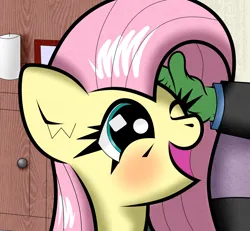 Size: 1977x1824 | Tagged: safe, artist:scandianon, derpibooru import, fluttershy, oc, oc:anon, pegasus, pony, blushing, female, happy, image, indoors, jpeg, mare, one eye closed, open mouth, open smile, petting, smiling