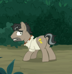 Size: 438x450 | Tagged: safe, derpibooru import, screencap, doctor caballeron, earth pony, pony, daring doubt, animated, bush, butt, clothes, cropped, gif, hiding, image, leaping, male, nope, plot, shirt, solo, stallion