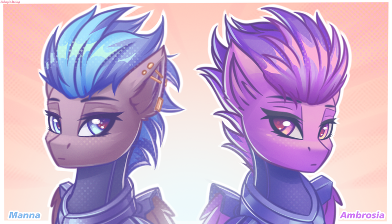 Size: 3500x2000 | Tagged: safe, artist:adagiostring, derpibooru import, oc, oc:ambrosia flitfeather, oc:manna flitfeather, unofficial characters only, pegasus, pony, fallout equestria, abstract background, armor, bust, commission, ear piercing, enclave, enclave armor, fanfic art, female, female oc, gradient background, headshot commission, image, looking at you, pegasus oc, piercing, png, portrait, solo, wings