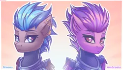 Size: 3500x2000 | Tagged: safe, artist:adagiostring, derpibooru import, oc, oc:ambrosia flitfeather, oc:manna flitfeather, unofficial characters only, pegasus, pony, fallout equestria, abstract background, armor, bust, commission, ear piercing, enclave, enclave armor, fanfic art, female, female oc, gradient background, headshot commission, image, looking at you, pegasus oc, piercing, png, portrait, solo, wings