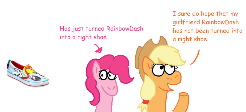 Size: 2501x1144 | Tagged: safe, artist:zoeyhorse, derpibooru import, applejack, pinkie pie, rainbow dash, earth pony, pony, appledash, clothes, female, image, inanimate tf, lesbian, mare, png, shipping, shoes, simple background, transformation, trio, white background