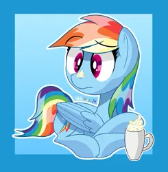 Size: 1897x1933 | Tagged: safe, artist:notadeliciouspotato, derpibooru import, rainbow dash, pegasus, pony, abstract background, chocolate, cup, female, folded wings, food, g4, hot chocolate, image, lying down, mare, png, prone, solo, whipped cream, wings