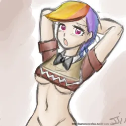 Size: 1280x1280 | Tagged: source needed, suggestive, artist:johnjoseco, artist:michos, derpibooru import, rainbow dash, human, belly button, bottomless, bowtie, breasts, busty rainbow dash, clothes, colored, female, g4, humanized, image, monochrome, partial nudity, png, show accurate clothing, solo, solo female, sweater, sweater vest, underboob