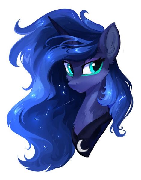Size: 564x718 | Tagged: artist needed, safe, derpibooru import, princess luna, alicorn, pony, armor, armored pony, blue coat, blue mane, constellation, crown, cyan eyes, ear fluff, eye lashes, eyeshadow, female, flowing mane, g4, image, jewelry, jpeg, looking at you, makeup, mare, regalia, simple background, white background