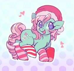 Size: 564x543 | Tagged: artist needed, safe, derpibooru import, minty, earth pony, pony, g3, blushing, cheeks, clothes, curly mane, curly tail, cutie mark, gradient background, green coat, happy, heart, image, jpeg, looking at you, pink mane, purple eyes, smiling, smiling at you, socks, striped socks, tail