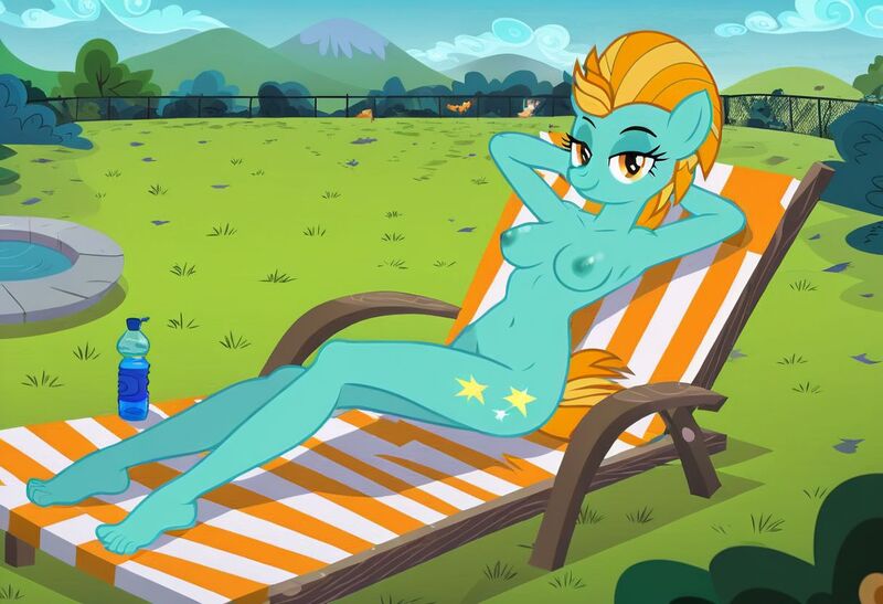 Size: 1216x832 | Tagged: questionable, ai content, machine learning generated, stable diffusion, lightning dust, anthro, pegasus, arm behind head, backyard, busty lightning dust, exhibitionism, flirty, image, inviting, jpeg, lawn chair, lying down, nudity, pinup, pond, seductive pose, sexy, smiling, solo, sunbathing, water bottle