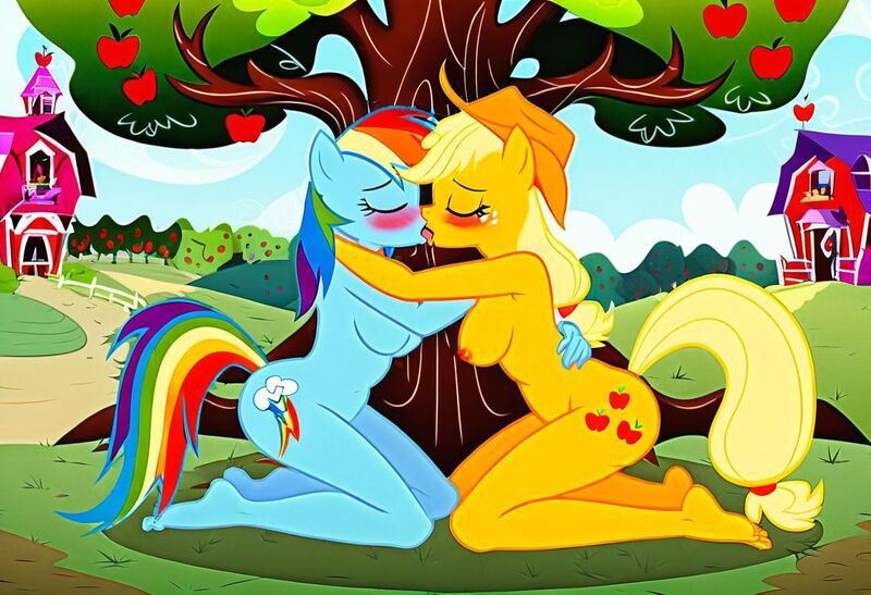 Size: 1216x832 | Tagged: questionable, ai content, machine learning generated, stable diffusion, applejack, rainbow dash, anthro, earth pony, pegasus, barn, blushing, busty applejack, busty rainbow dash, embracing, exhibitionism, eyes closed, french kiss, horny, in love, jpeg, kneeling, lesbian couple, moaning, moaning in pleasure, nudity, seductive pose, sexy, sunbathing, sweet apple acres, under a tree