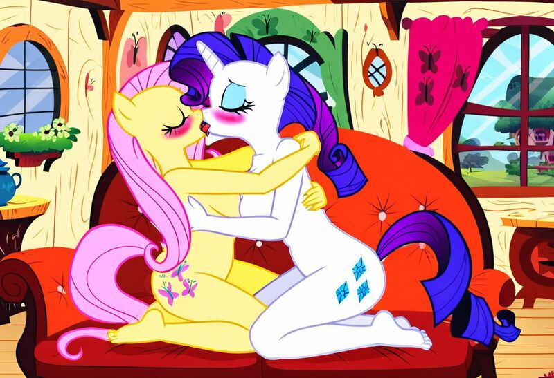 Size: 1216x832 | Tagged: questionable, ai content, machine learning generated, stable diffusion, fluttershy, rarity, anthro, pegasus, unicorn, blushing, busty fluttershy, busty rarity, couch, ecstasy, embracing, eyes closed, fluttershy's cottage, french kiss, in love, jpeg, kneeling, lesbian couple, living room, moaning, moaning in pleasure, nudity, seductive pose, sexy, symmetrical docking