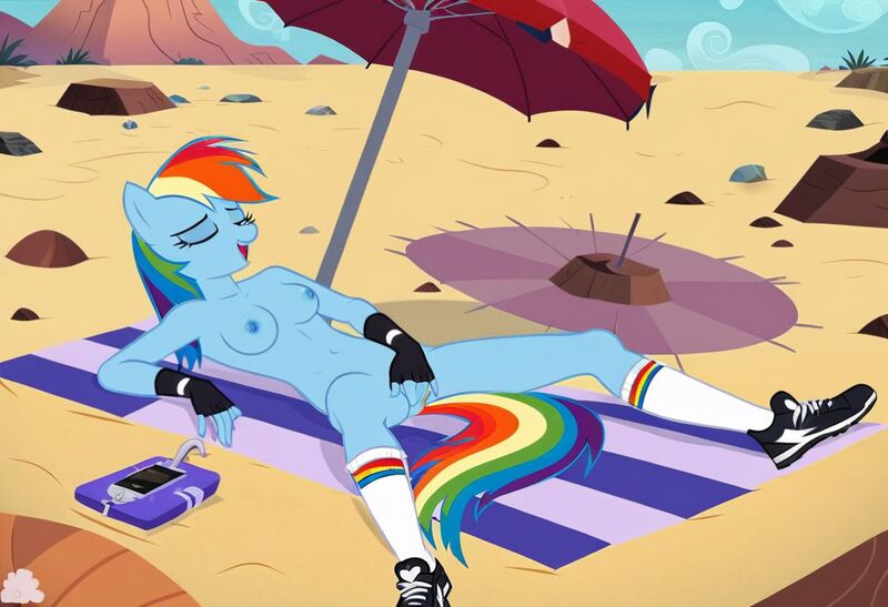 Size: 1216x832 | Tagged: explicit, ai content, machine learning generated, stable diffusion, rainbow dash, anthro, pegasus, beach towel, busty rainbow dash, desert, ecstasy, exhibitionism, eyes closed, image, iphone, jpeg, lying down, masturbation, moaning, moaning in pleasure, nudity, outdoor masturbation, seductive pose, sexy, sneakers, solo, umbrella, white socks, workout gloves