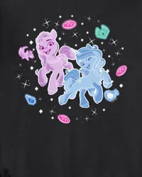 Size: 800x1000 | Tagged: safe, derpibooru import, official, izzy moonbow, sunny starscout, alicorn, pony, unicorn, g5, my little pony: make your mark, black background, clothes, crystal, cutie mark, earth pony crystal, female, horn, image, jacket, jpeg, long sleeved shirt, long sleeves, mare, merchandise, pegasus crystal, pose, race, shirt, simple background, sparkles