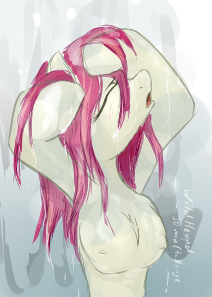 Size: 850x1192 | Tagged: questionable, artist:ruby, derpibooru import, roseluck, anthro, earth pony, 30 minute art challenge, breasts, eyes closed, female, image, nipples, nudity, png, shower, solo, wet, wet mane