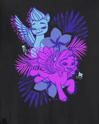 Size: 800x1000 | Tagged: safe, derpibooru import, official, pipp petals, zipp storm, pegasus, pony, g5, my little pony: make your mark, black background, clothes, crown, crystal, cutie mark, duo, female, flower, flying, image, jacket, jewelry, jpeg, long sleeved shirt, long sleeves, mare, merchandise, neon, pose, regalia, royal sisters (g5), shirt, siblings, simple background, sisters, spread wings, tropical, wings