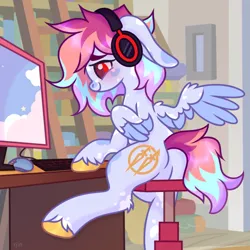 Size: 1024x1024 | Tagged: safe, artist:rjin, derpibooru import, oc, oc:lailastarfinder, unofficial characters only, pegasus, pony, blushing, chair, commission, computer, computer mouse, cutie mark, floppy ears, fluffy, headphones, image, keyboard, male, minimalist, modern art, png, room, sfw version, sitting, smiling, solo, table, wings, ych example, ych result, your character here