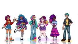 Size: 1280x720 | Tagged: safe, artist:jully-park, derpibooru import, applejack, fluttershy, hitch trailblazer, izzy moonbow, pinkie pie, pipp petals, rainbow dash, rarity, sunny starscout, twilight sparkle, zipp storm, human, g5, african american, applejack (g5), breasts, busty pipp petals, clothes, cutie mark, cutie mark on clothes, dark skin, diverse body types, diverse-mlp-headcanons, dress, equestria girls (g5), fit, fluttershy (g5), gradient hair, green hair, high heels, humanized, image, jacket, korean, lesbian pride flag, light skin, looking at you, magenta eyes, magenta hair, mane five, mane six, mane six (g5), mane stripe sunny, midriff, misty brightdawn, moderate dark skin, moon runes, multiple characters, one eye closed, one eye open, peace sign, pinkie pie (g5), png, pose, pride, pride flag, rainbow dash (g5), rarity (g5), reflection, shading, shirt, shoes, simple background, skirt, slender, smiling, smiling at you, smirk, socks, thin, twilight sparkle (g5), two toned hair, white background
