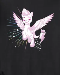 Size: 800x1000 | Tagged: safe, derpibooru import, official, zipp storm, pony, g5, my little pony: make your mark, black background, clothes, cutie mark, female, image, jacket, jewelry, jpeg, long sleeved shirt, long sleeves, mare, merchandise, neon, pose, regalia, shirt, simple background, solo, sparkles, spread wings, vector, wings