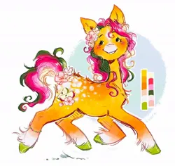Size: 1070x1010 | Tagged: safe, artist:lutraviolet, derpibooru import, oc, unofficial characters only, earth pony, pony, abstract background, blushing, bracelet, chest fluff, coat markings, facial markings, female, flower, flower in hair, flower in tail, freckles, image, jewelry, jpeg, mare, mealy mouth (coat marking), reference sheet, solo, star (coat marking), tail, unshorn fetlocks